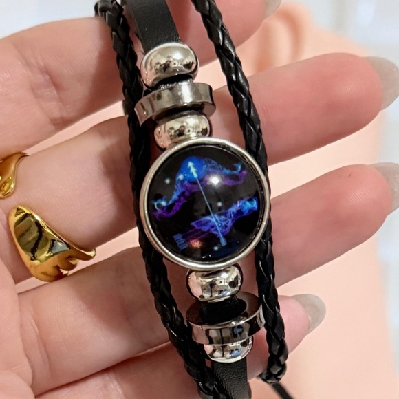 Jewelry - Black and Silver Sagittarius Zodiac Leather Bracelet.